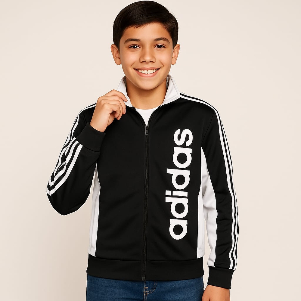 Adidas unisex jacket Size Large Yough Black color with white letters and ⁴